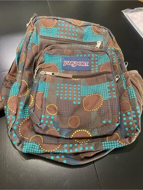 vintage JanSport backpack brown, teal yellow geometric dot pattern school bag